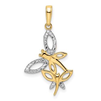 Diamond2Deal 14k Yellow Gold White Rhodium Diamond-cut Dragonflies Pendant