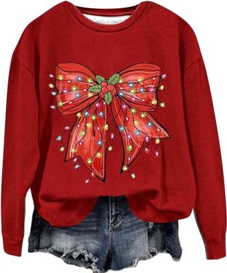 Generic Christmas Womens Pullover Sweatshirts Fashion Tops Womens Fashionable Casual Christmas Bow Printed Round Neck Top Hoodless Sweatshirt Festive Sweatshi