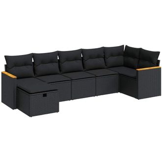 vidaXL Set De Sof&aacute;s De Jard&iacute;n 7 Pzas Con Cojines Rat&aacute;n Sint&eacute;tico Negro