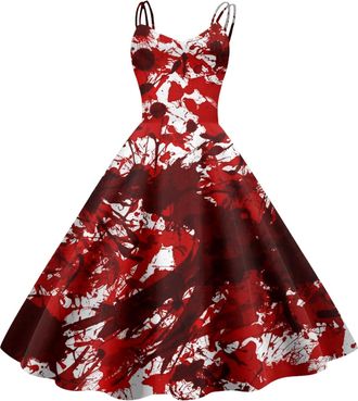 Generic Women Halloween Dress Sleeveless Midi Dresses Bloody Printed Fashion Sexy Spaghetti Strap Halloween Costumes Adults Fancy Dress Flowy Shirred Funny A 