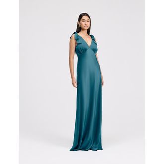 Ghost London Nora Tie Shoulder Satin Maxi Dress in Emerald at Nordstrom, Size 14
