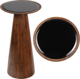 Jonathan Y Designs Linden 21.5 Farmhouse Industrial Mango Wood Drink Table and Decorative End Table with Round Black Glass Top and Cone Pedestal Base, Walnut