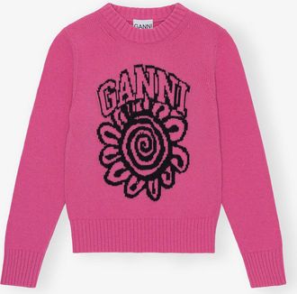 Ganni Pink Flower Graphic O-neck Pullover - Size S Wool