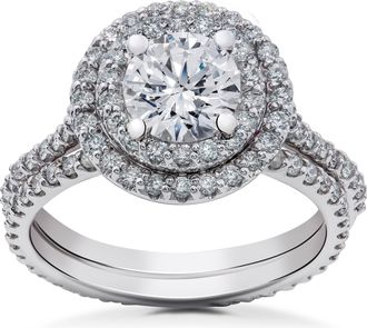 Pompeii3 2 ct Round Halo Lab Grown Diamond Engagement Ring Setting & Eternity Band 14k
