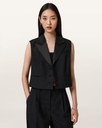 AllSaints Main: 50% Wool, 47% Polyester, 3% Elastane Noa Single Breasted Waistcoat, Size: UK 14/US 10