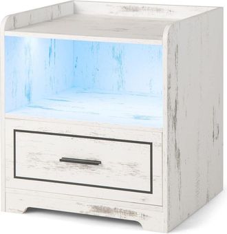 Costway Mesa de Noche LED, Mesita de Noche Inteligente con 2 Puertos USB, Estante Abierto y Cajón, 3 Colores de Luz, Iluminación Ajustable, Inducción