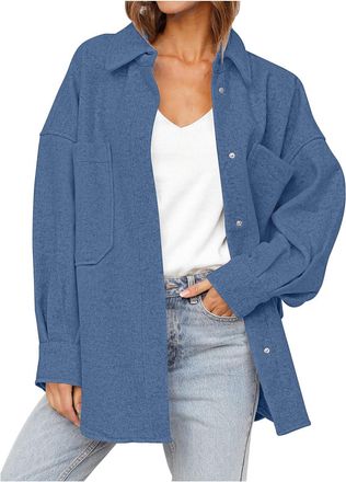 Generic Wool Blend Coats with Pockets Long Sleeve Button Down Cardigans Oversized Lapel Trench Coats Ladies Shacket Womens Jackets Casual Boyfriend Parka Plai