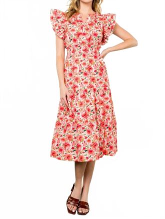 THML Clothing Ruffles And Floral Midi Dress In Pink