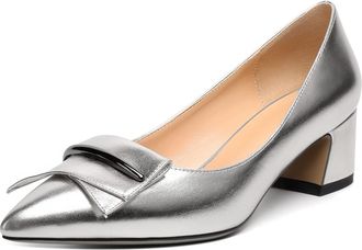 EDEFS Women Pointed Toe Block Heel Pumps Slip on Low Heels Pointed Toe Court Shoes Classic Buckle Design 2 Block Heeled Shoes Silver UK2