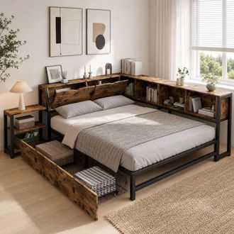 STILVORA Bed Frame 4ft6 Double with storage rustic brown