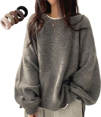 Generic Womens Solid Knit Crewneck Sweater, Long Sleeve Pullover with Drop Shoulder, Side Split Hem (Gray,One Size)