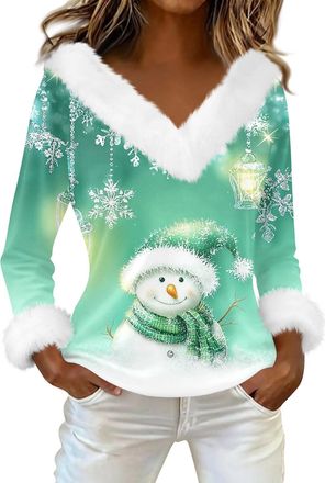 Generic Womens Long Sleeve V Neck Pullover Top with Snowman Print Faux Fur Trim Winter Holiday Theme Casual Loose Fit Cyan