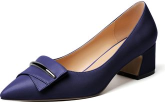 EDEFS Women Pointed Toe Block Heel Pumps Slip on Low Heels Pointed Toe Court Shoes Classic Buckle Design 2 Block Heeled Shoes Matte Navy UK2
