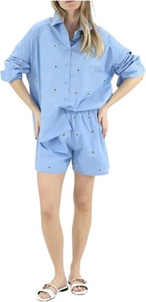 Kaos Blouse met parel-borduurwerk - Dames - Overhemden - Blauw - M - Katoen - Overhemden
