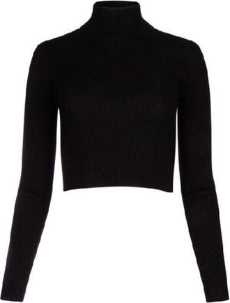 Brunello Cucinelli WomenS Black Wool Silk Blend Cropped Turtleneck Shirt, Size 3XL