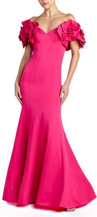 Mac Duggal Satin Off The Shoulder Floral Detail Trumpet Gown in Hot Pink at Nordstrom, Size 14