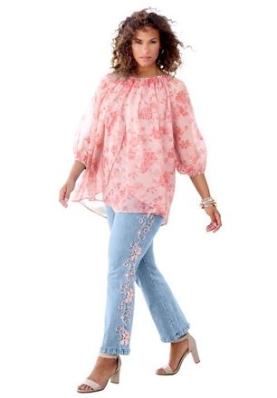 Roaman's Blouson Sleeve Overlay Blouse in Soft Blush Small Garden at Nordstrom, Size 20