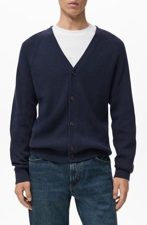 Mango Ribbed Cotton Blend Cardigan in Navy at Nordstrom, Size Small