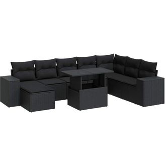 vidaXL Set De Sof&aacute;s De Jard&iacute;n Con Cojines 9 Pzas Rat&aacute;n Sint&eacute;tico Negro