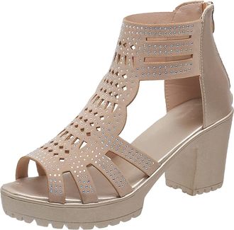 Generic Square Heel Sandals For Women Cut Out Strap Sandals Fish Mouth Open Toe Sandal Rhinestone Embellished Sandal Fashion Slingback Shoes With Zipper Comfo