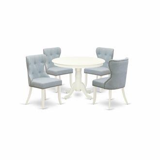 East West Furniture A dining set of 4 amazing kitchen dining chairs with Linen Fabric Baby Blue color and a beautiful 42-Inch Round dining table