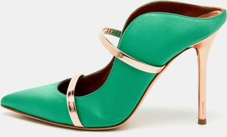 Malone Souliers Green/rose Gold Satin And Leather Maureen Pointed Toe Mules