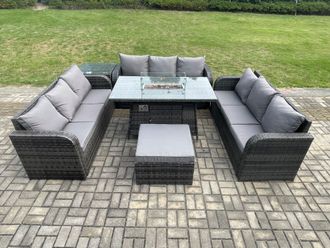 Fimous Rattan Furniture Garden Dining Set Gas Fire Pit Table With Side Table 3 Seater Sofa Footstool Dark Grey Mixed