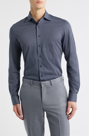 Eterna Slim Fit Geometric Print Non-Iron Dress Shirt in Grey Blue at Nordstrom, Size 17.5 - L