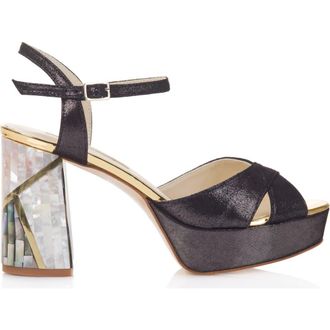 Freya Rose Zahra Noir Ankle Strap Pearl Heel Sandal in Black Shimmer at Nordstrom, Size 36