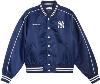 Sporty & Rich New York Yankees Curve Nylon Varsity Jacket in Dark Navy/white at Nordstrom, Size X-Small