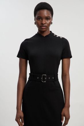 Karen Millen Womens Petite Belted Ponte Midi Dress - Black viscose - Size X-Small