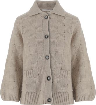 Allude Beige Button-Down Puff Sleeve Cardigan
