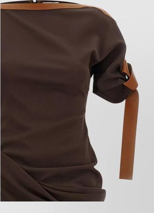 Ferragamo leather trim asymmetric draped short sleeve midi dress