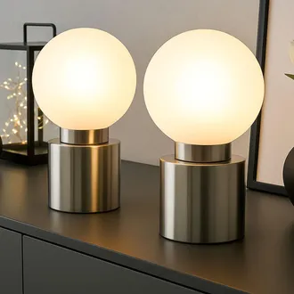 Globo Lighting Lampada Da Tavolo Lampada Da Soggiorno Nichel Opalino Satinato Lampada Da Comodino, Metallo, Vetro, 1x Attacco E14, Dxh 15x24,5 Cm, Set Di 2