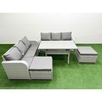 Fimous Fimous Outdoor Garden Furniture Sets 8 Seater Wicker Rattan Furniture Sofa Sets with Rectangular Dining Table high Back Lounge Sofa 2 Big Footstool 2