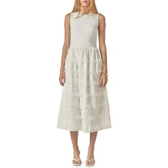 English Factory Ruffle & Eyelet Mixed Media Sleeveless Midi Dress in White at Nordstrom, Size X-Small