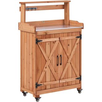 Beliani Mesa De Jardiner&iacute;a Con Almacenaje 74 X 40 X 119 Cm Encimera De Hierro Mobiliario De Jard&iacute;n Con Ruedas Madera De Abeto Marr&oacute;n Altolia