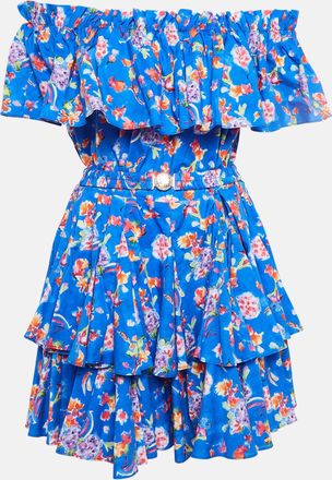 Caroline Constas Blue Printed Cotton Blend Ruffled Mini Dress