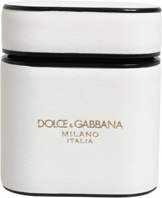 Dolce & Gabbana White Calf Leather Logo Print Flip Holder Airpods Case Accessory