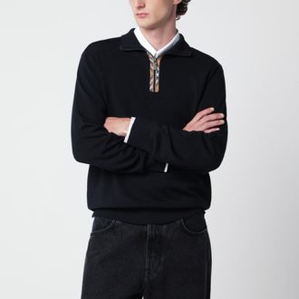 Burberry Navy blue wool sweater with half zip