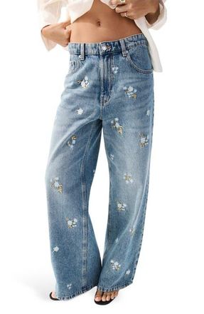 Mango Floral Embroidered Straight Leg Jeans in Medium Blue at Nordstrom, Size 14