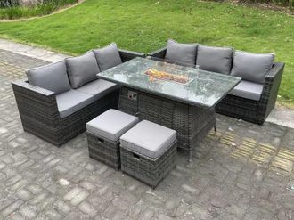 Fimous 8 Seater Outdoor Rattan Sofa Set Garden Furniture Gas Firepit Set Heater Dining Table Footstools Dark Grey