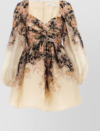 Zimmermann silk linen floral-print draped sweetheart-neck long-sleeve mini dress