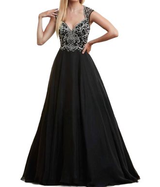 Mac Duggal Cap Sleeves Beaded Ball Gown In Black