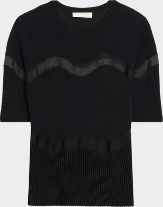 Ulla Johnson Ayla Wavy-Inset Short-Sleeve Rib Top