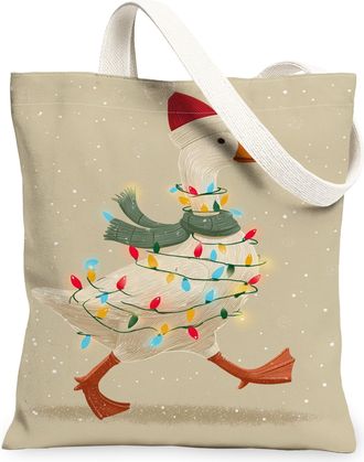 Generic Christmas Duck Canvas Tote Bags, Bird Print Reusable Grocery Bags, Winter Cute Lightweight Washable Shoulder Strap Canvas F, Beige, 13x15 Inch