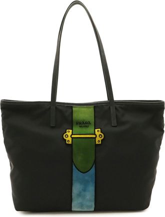 Prada Black Blue Nylon Leather Shoulder Bag Tote Bag (Pre-Owned)