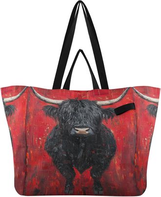 Generic Black Cattle pattern Reusable Canvas Tote Bag, Heavy Duty Grocery Shopping Bag with Large Capacity Hard Bottom Double Handles Work Groceries Travel