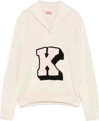Kenzo Badges Pullover - Dames - V-hals truien - Beige - XS - Katoen - Truien & Vesten