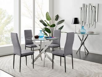 Furniturebox Novara 100cm Round Dining Table & 4 Velvet Milan Black Leg Chairs in Grey